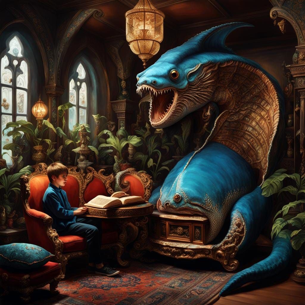 Boy Reads in Anglerfish Curiosity Cabinet: Ink Art