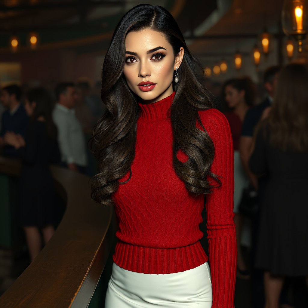 Elegant Brunette in Red Sweater: Fantasy Portrait