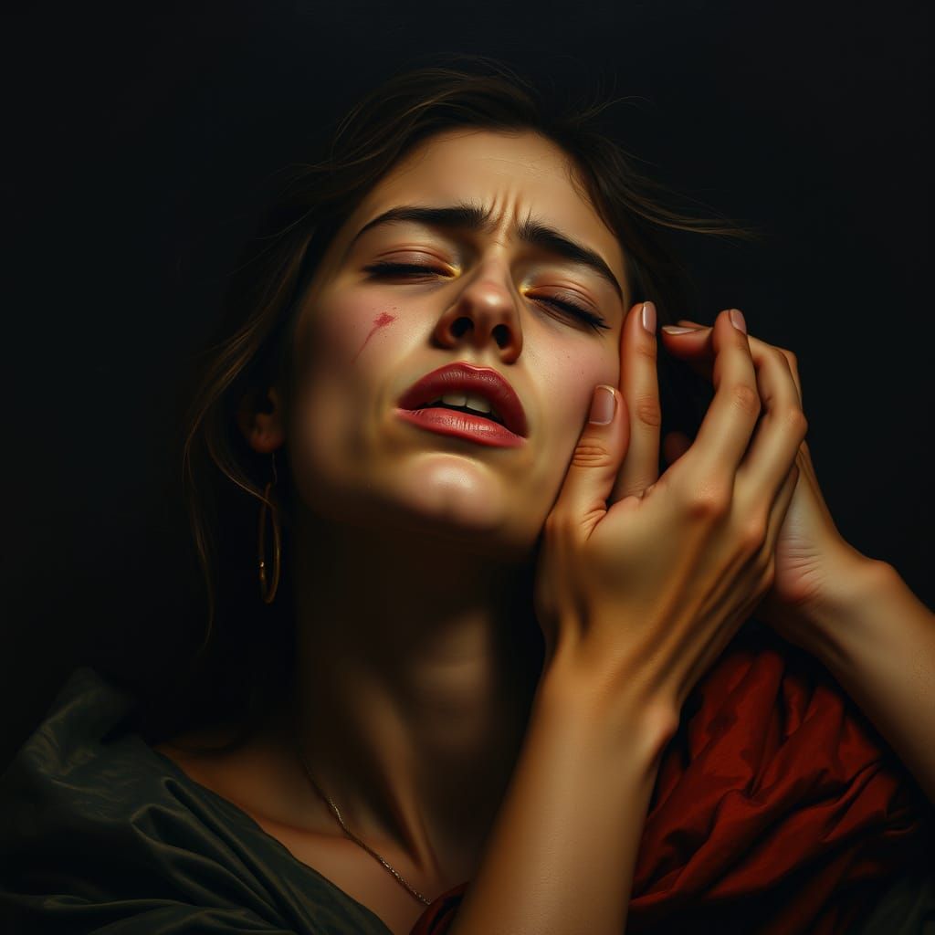 Sorrowful Mystic Woman in Dark, Caravaggio-Inspired Scene