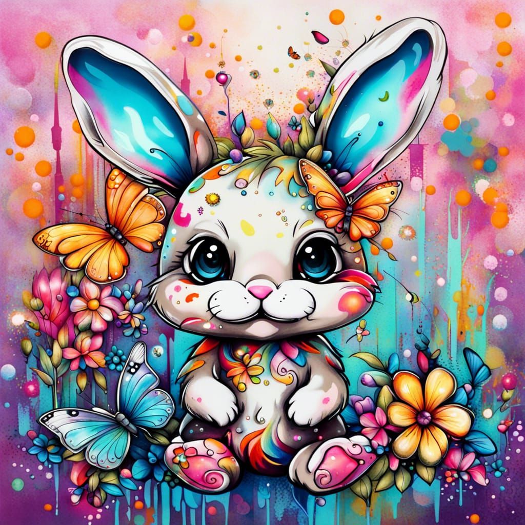 Chibi Bunny in Enchanted Floral Graffiti Art
