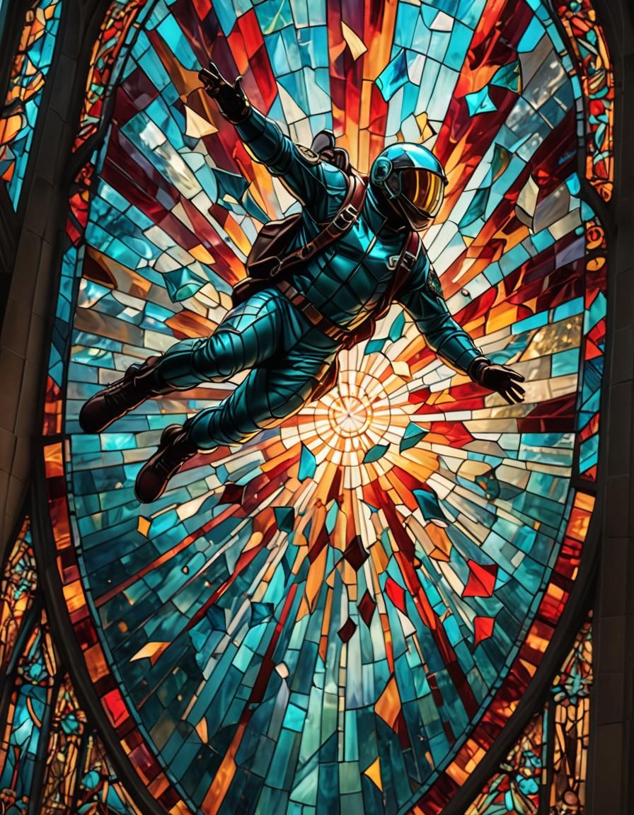 Skydiver Freefalling Through Stained Glass Fragments