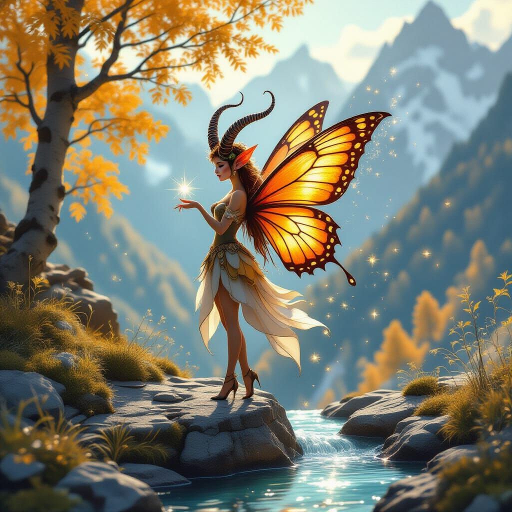 Fairy Chamois Hybrid with Butterfly Wings on Alpine Ledge