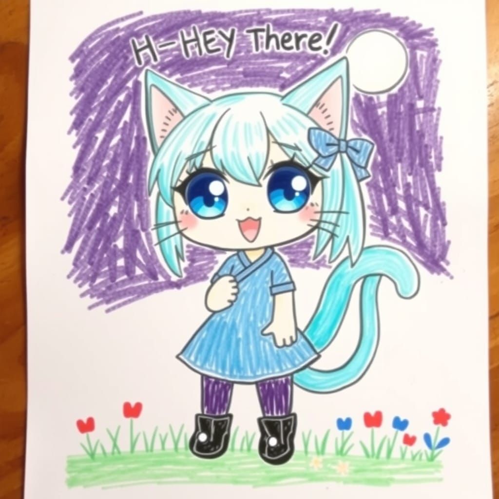 Anime Catgirl Crayon Drawing with Cyan Hair