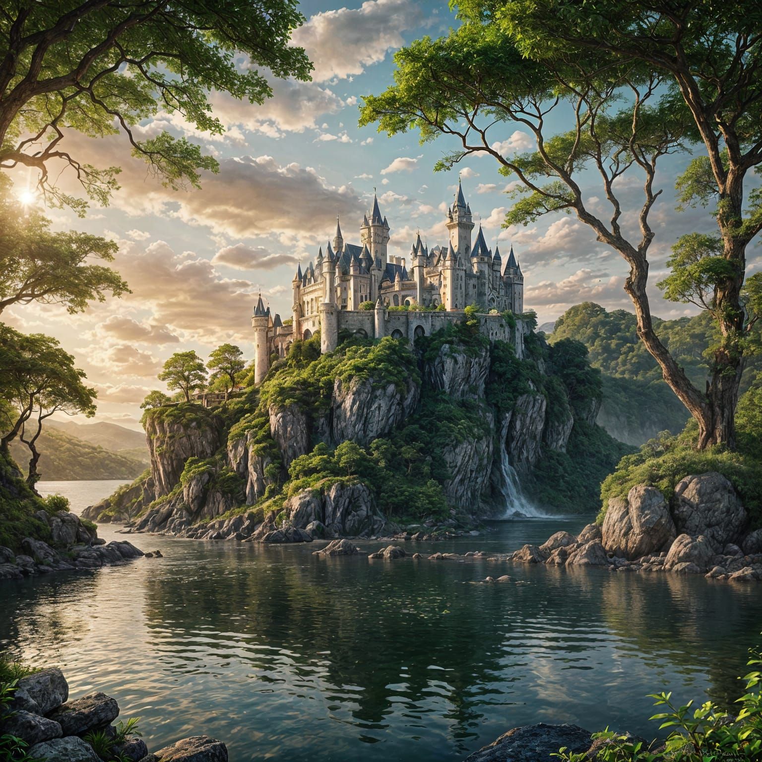 Calming Meditation Castle at Sunset with Reflection