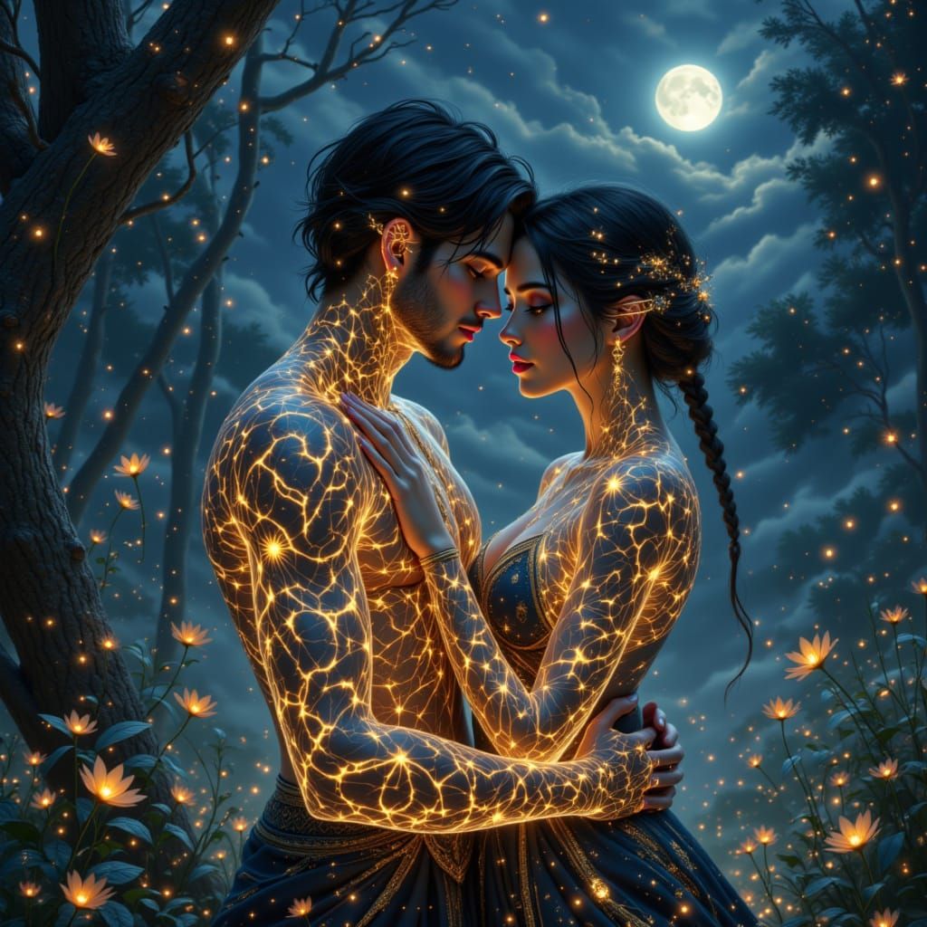Fantasy Couple Embracing Under Moonlit Sky in Ethereal Glow