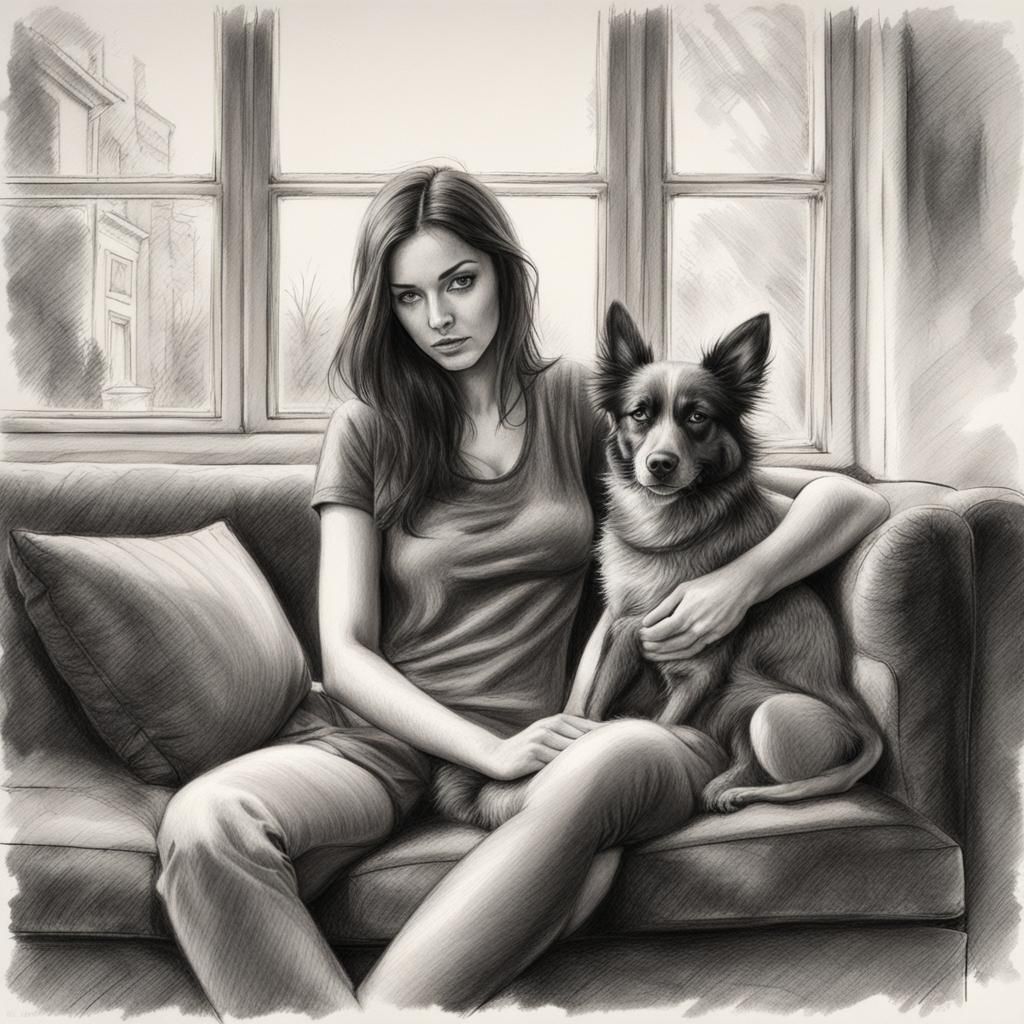 Woman with Dog: Hyperdetailed Charcoal Drawing