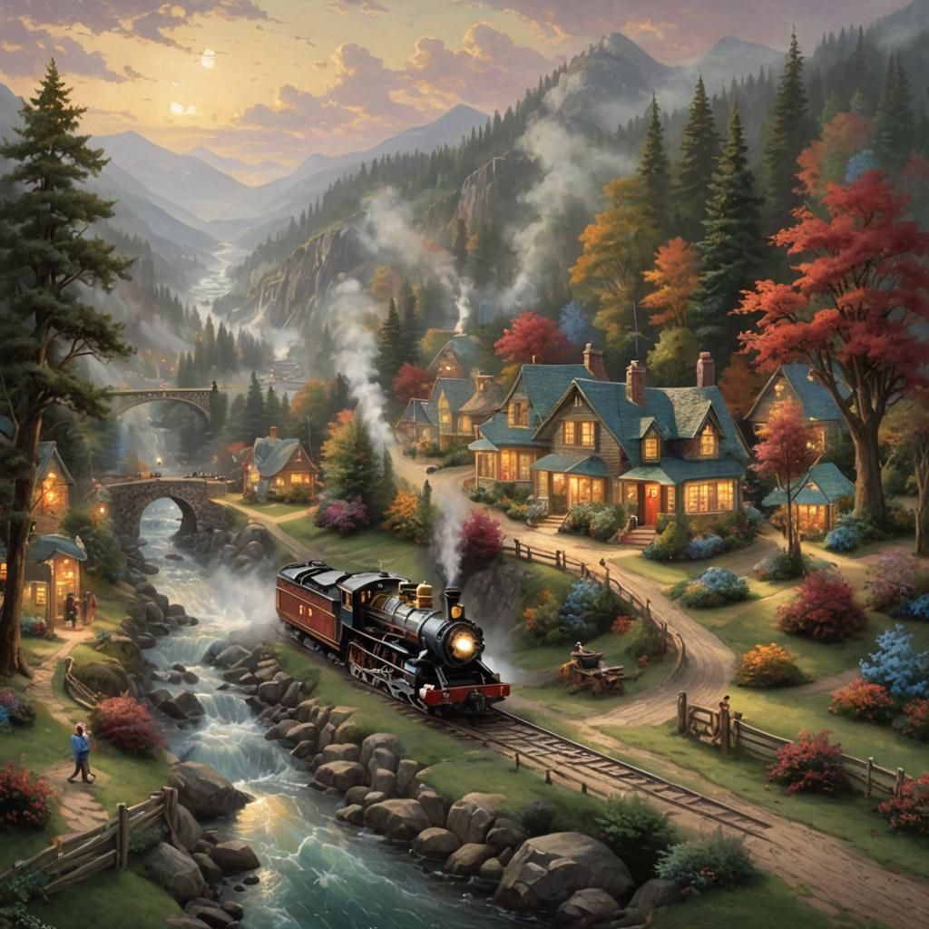 Train Crossing Borderline in Kinkade Style