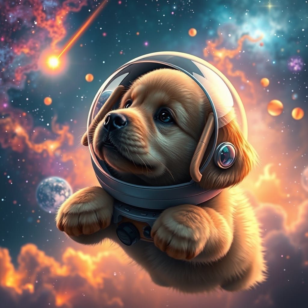Realistic Space Puppy in Cosmic Dream Scene