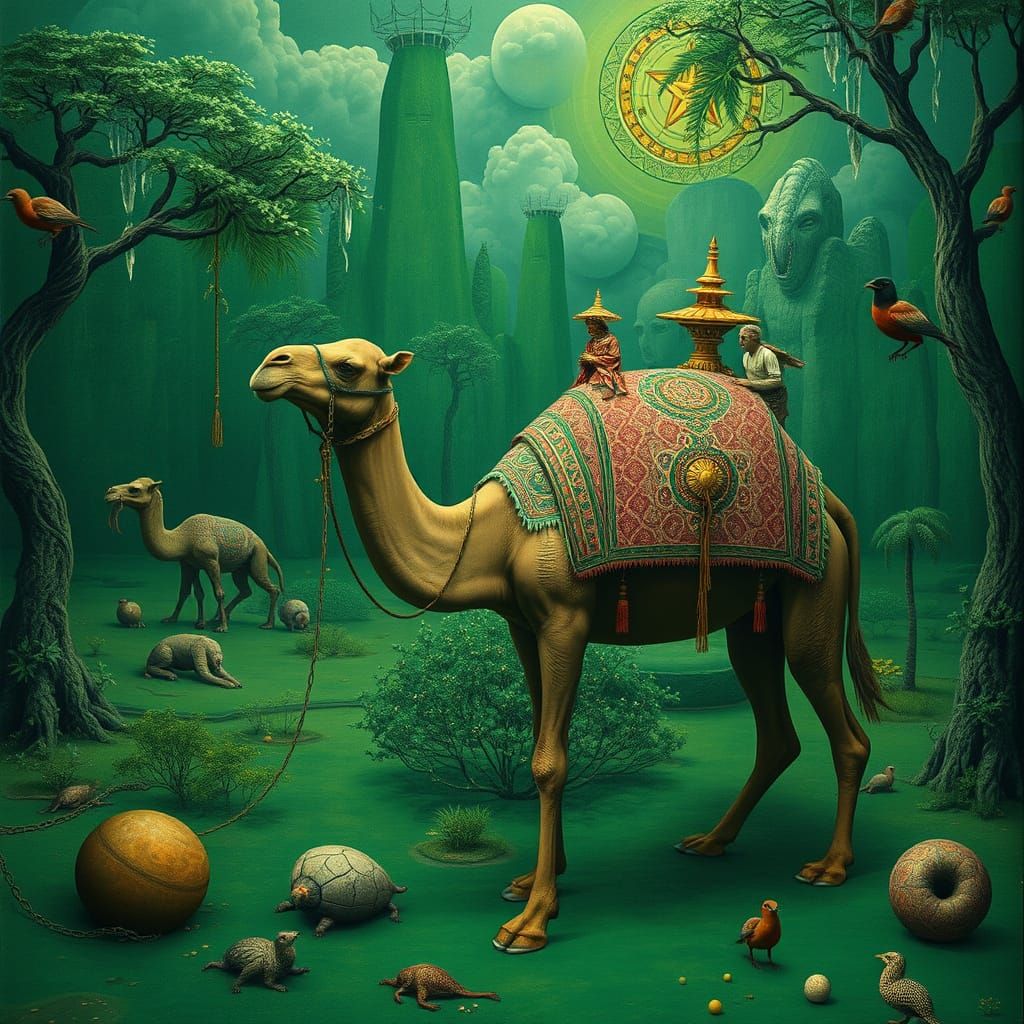 Surreal Camel in Emerald Oasis, Dreamlike Landscape