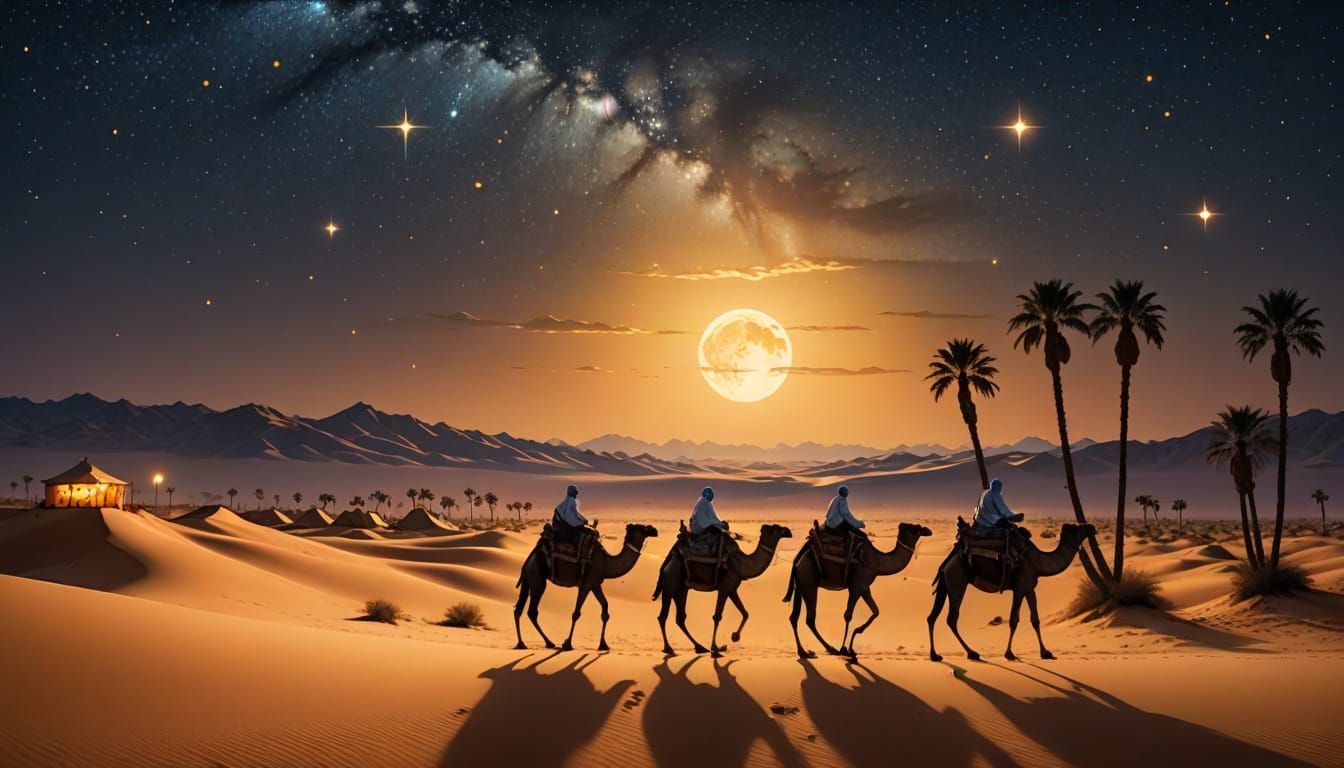 Desert Caravan Under Moonlight: An Academic Oil Painting