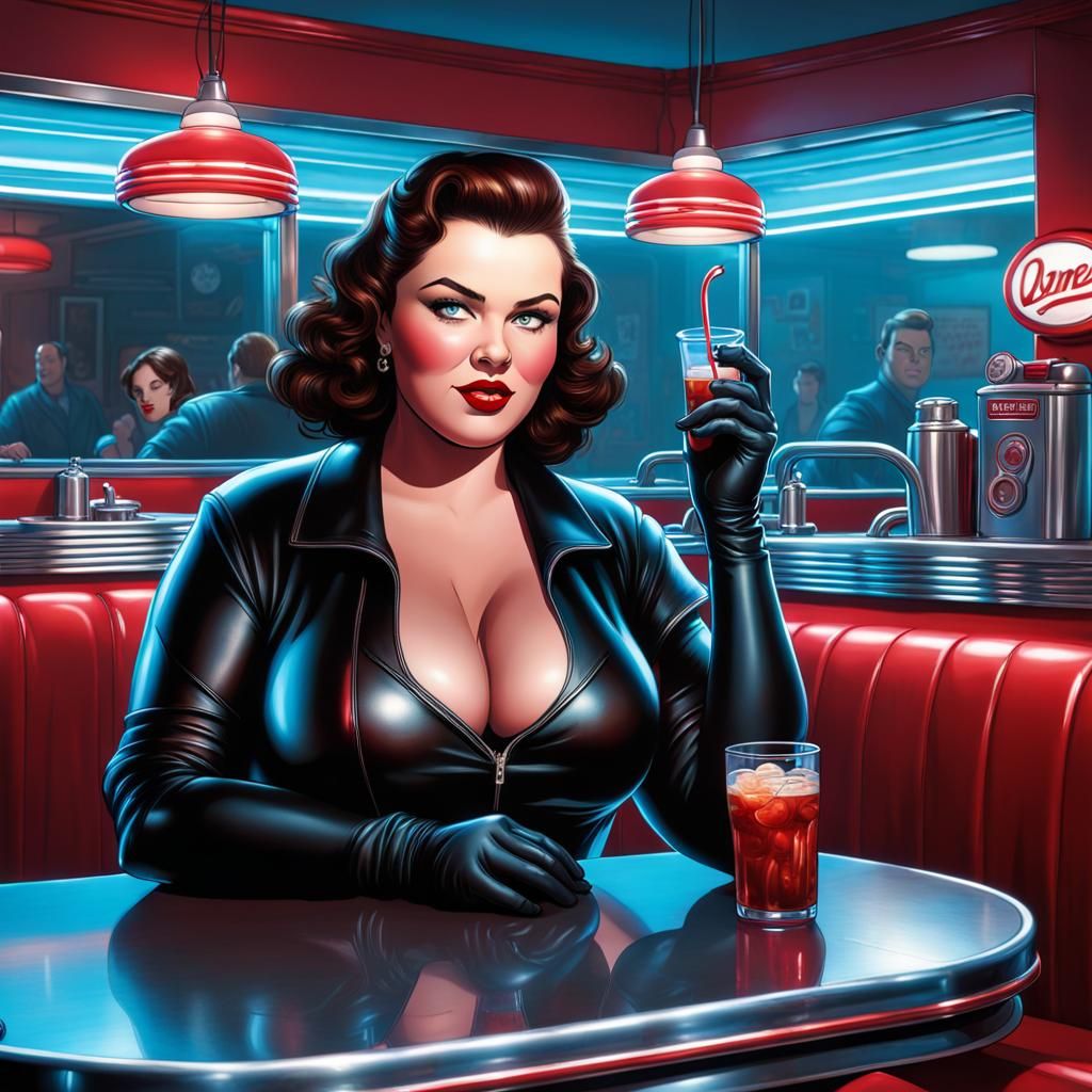 Vivacious Brunette in 1950s Diner, Comic Book Style