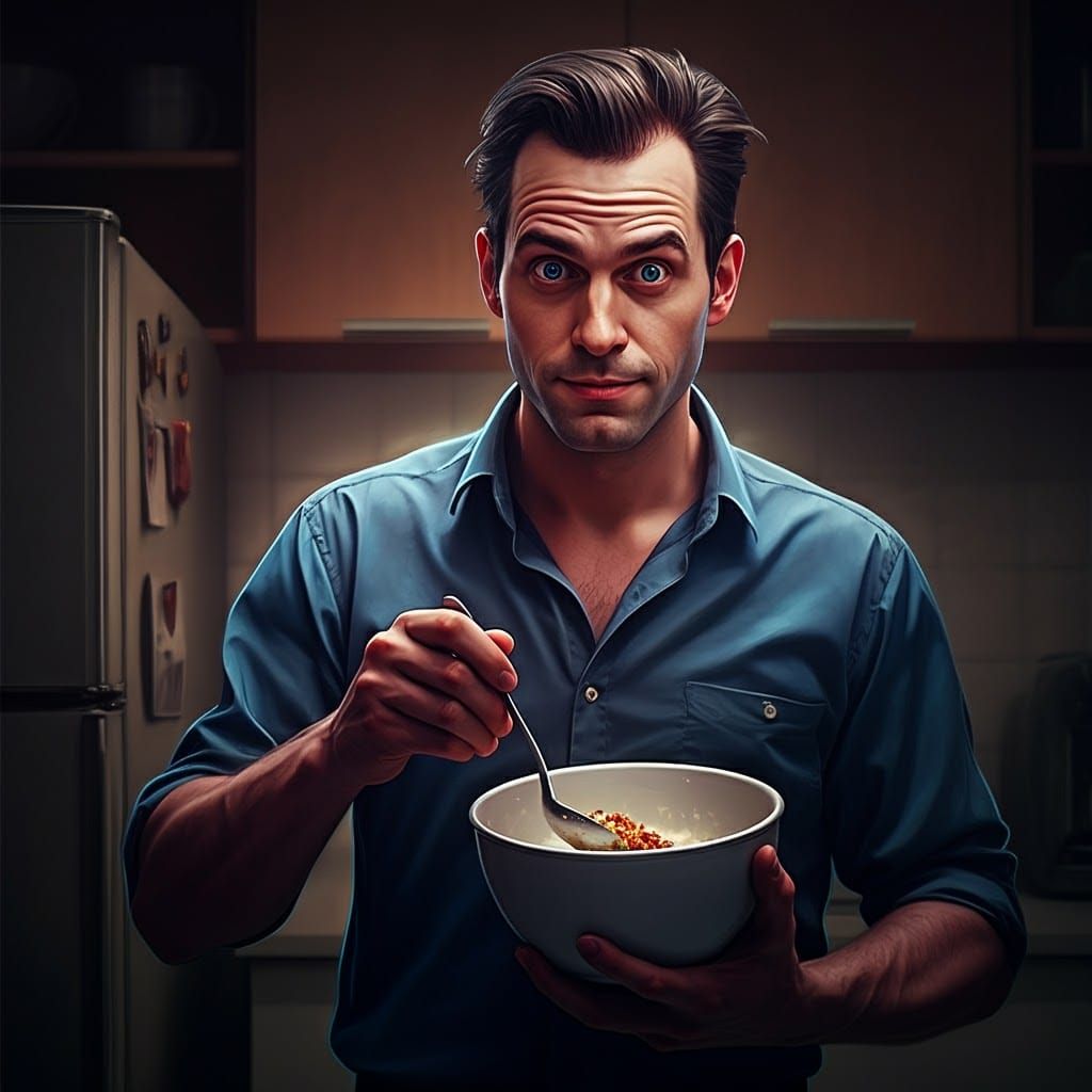 Pinup Man Stirring Bowl in Kitchen, Detailed Matte Painting