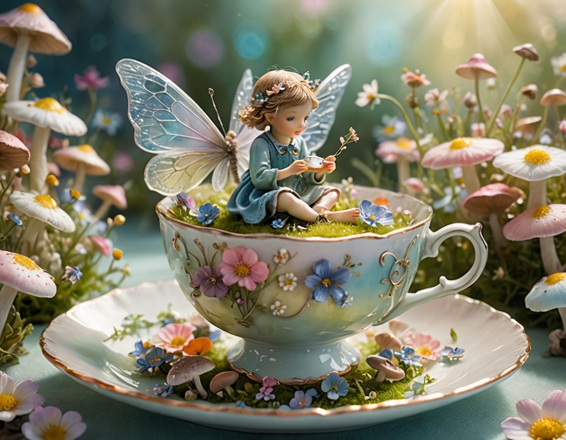 Whimsical Fairy Tale Scene Inside a Teacup