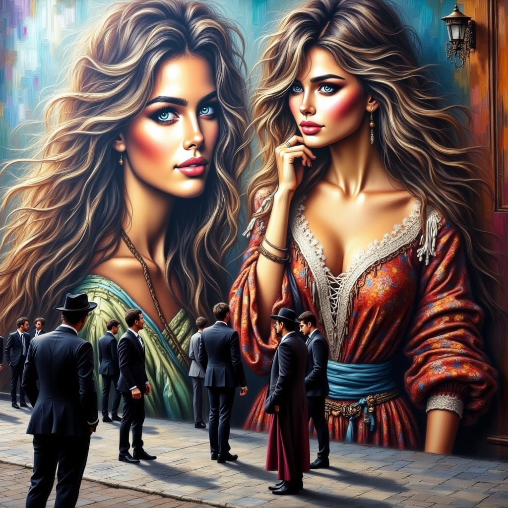 Men Admire Mural of Beautiful Woman in Milan