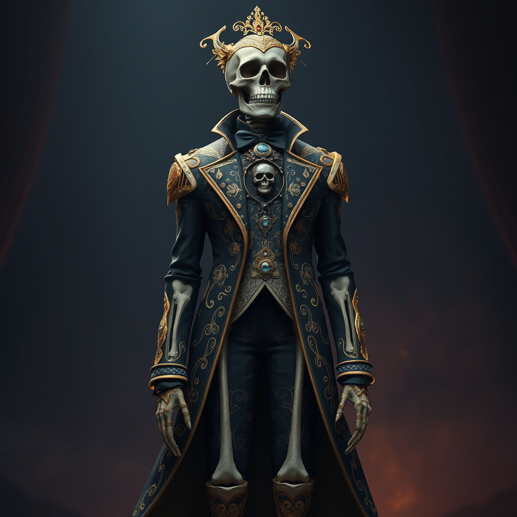 Elegant Skeleton in Ornate Dress Coat, Fantasy Art