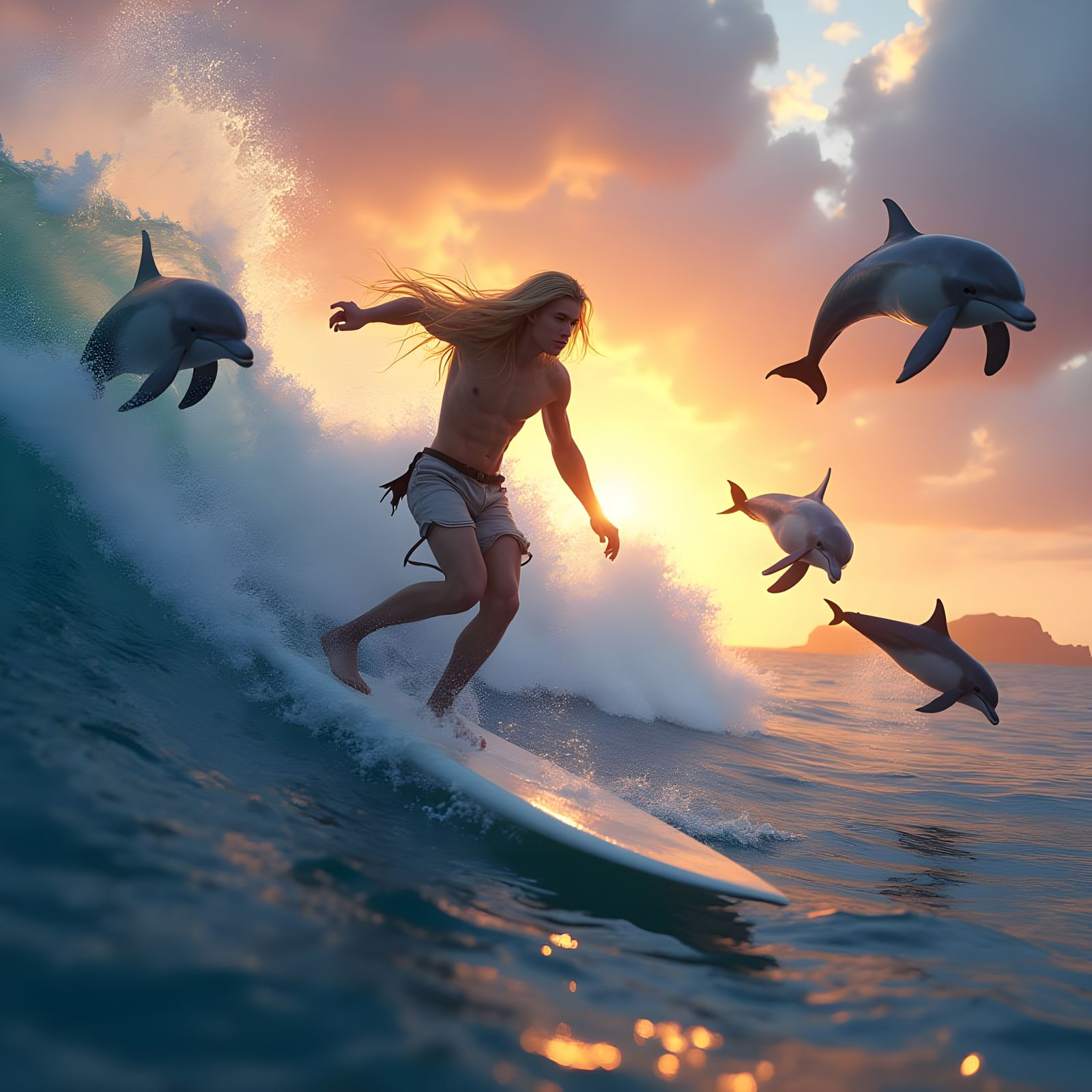 Surfer Riding Waves with Dolphins in Vibrant Sunrise
