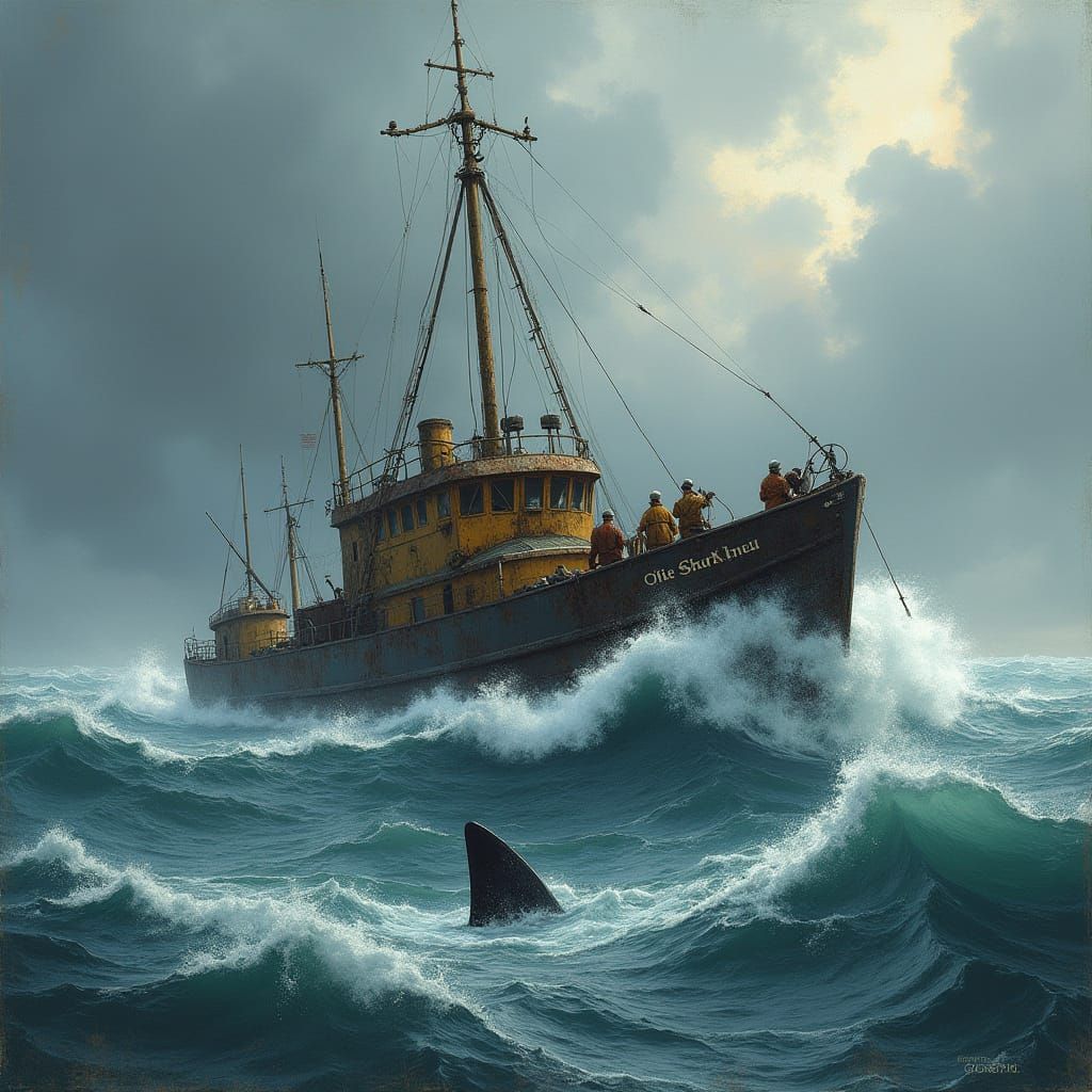Fishing Trawler in Stormy Pacific Ocean, Maritime Art Style