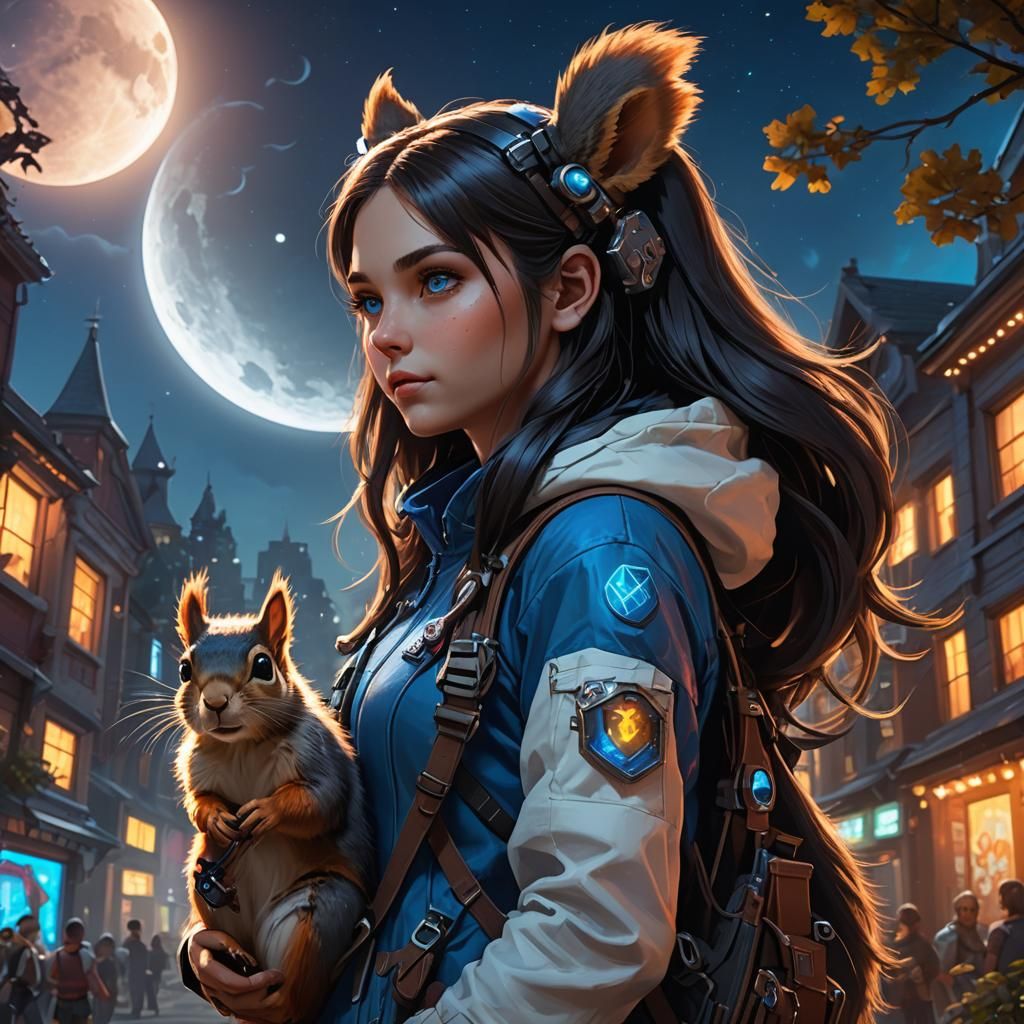 Gamer Girl and Squirrel in Neon Fantasy Art