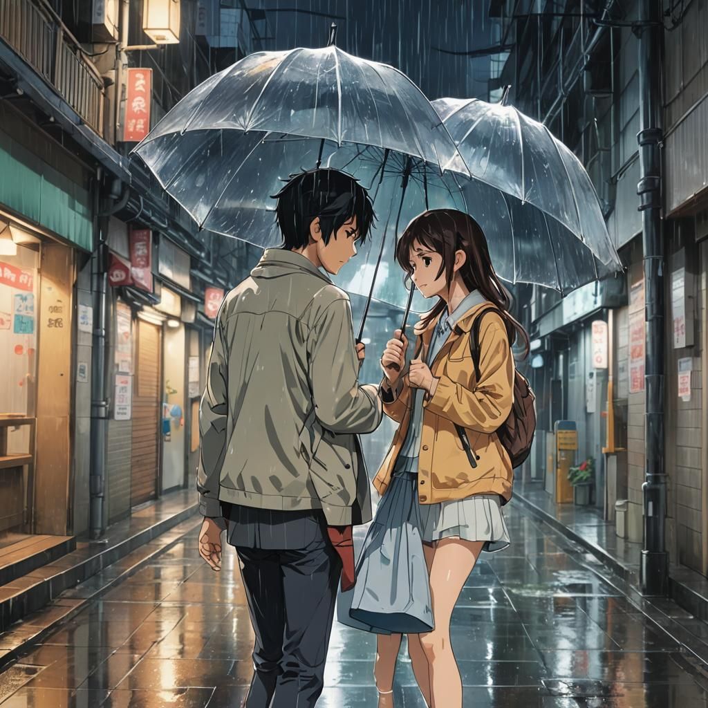 Anime Art: Rainy Day Encounter in Pastel Colors