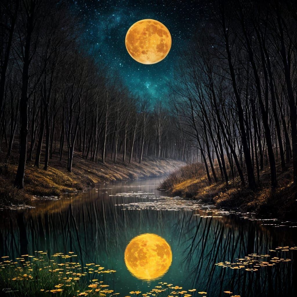 Mystical Moonlit Woodland Reverie in Ink and Watercolor