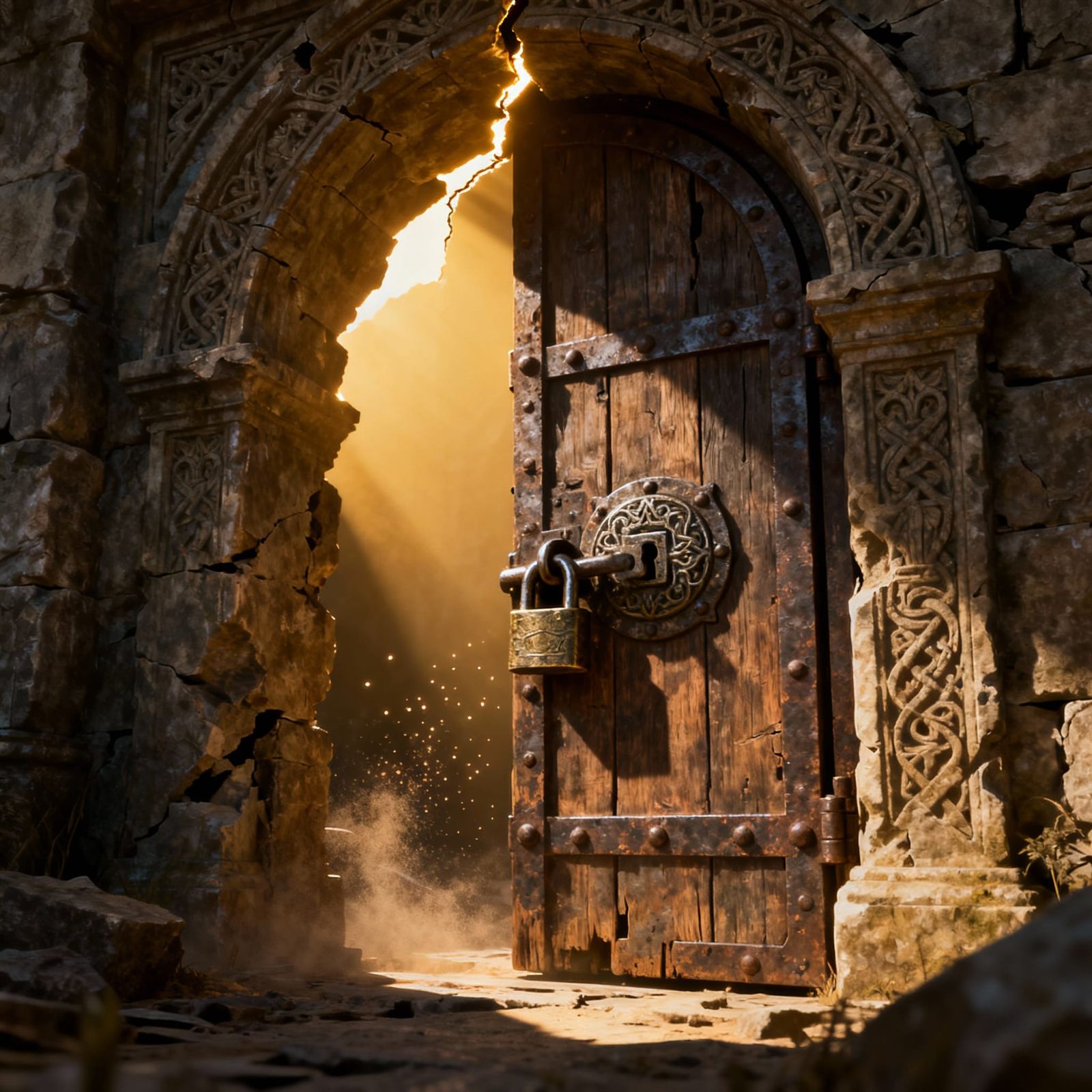 Ancient Iron-Bound Door in Crumbling Archway