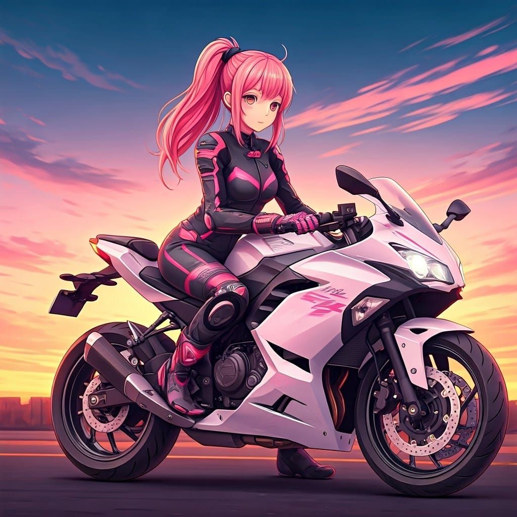 Anime Girl on Sport Bike at Sunset, Digital Art