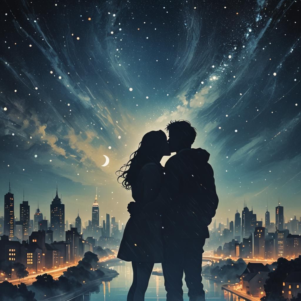 Romantic Kiss Under Starry Night Sky
