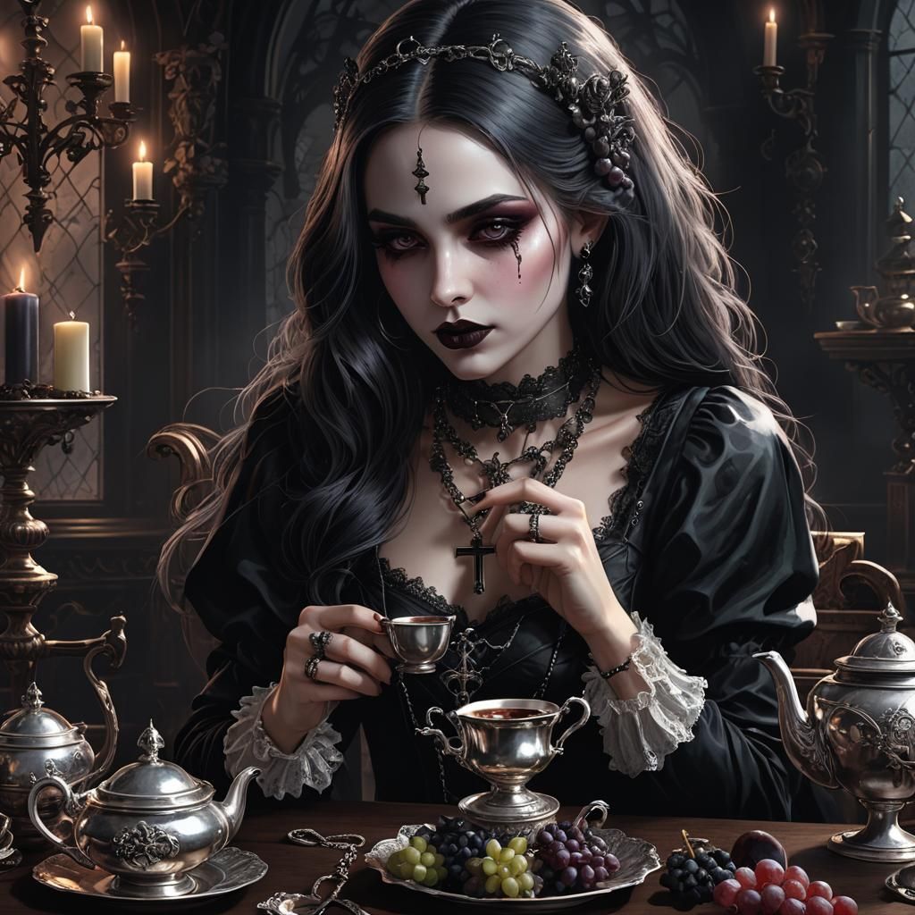 Gothic Girl Biting Cross Necklace: Dark Digital Art