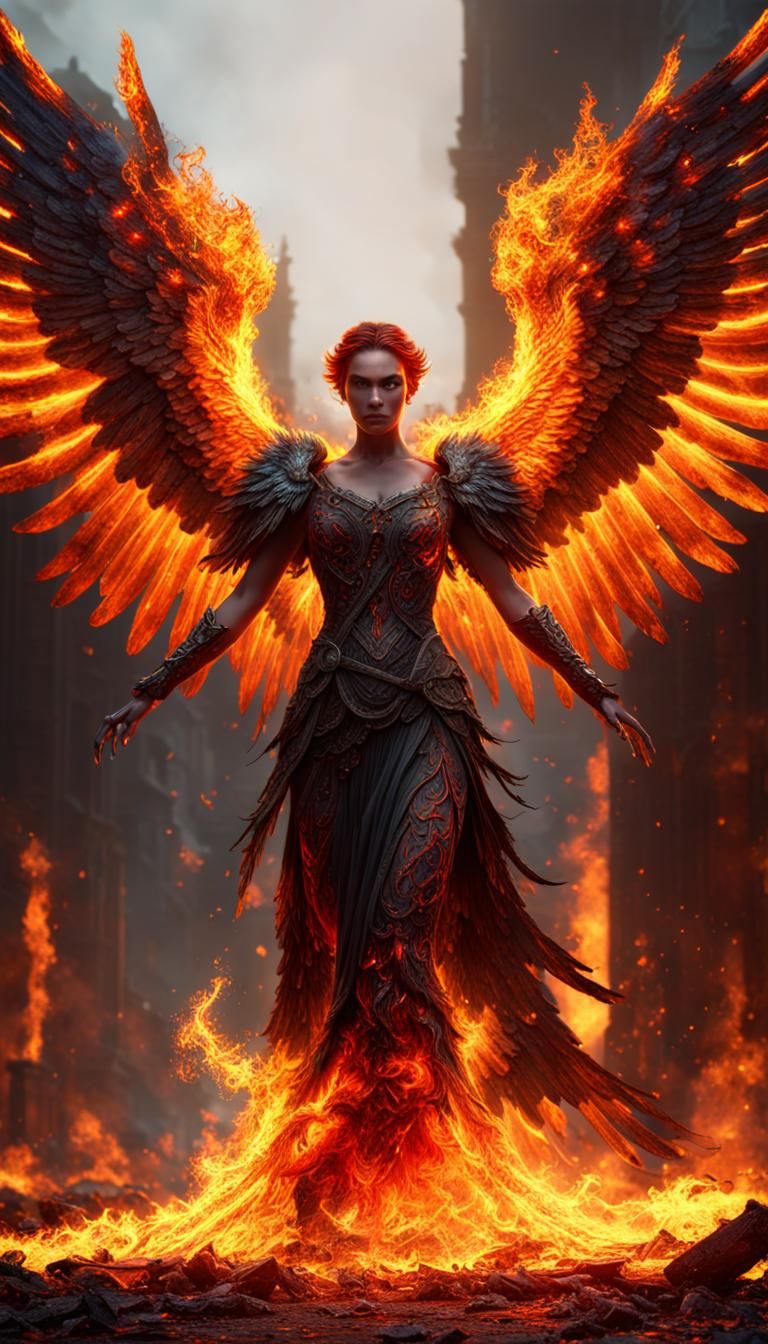 Fallen Angel with Phoenix Wings in Fantasy Art