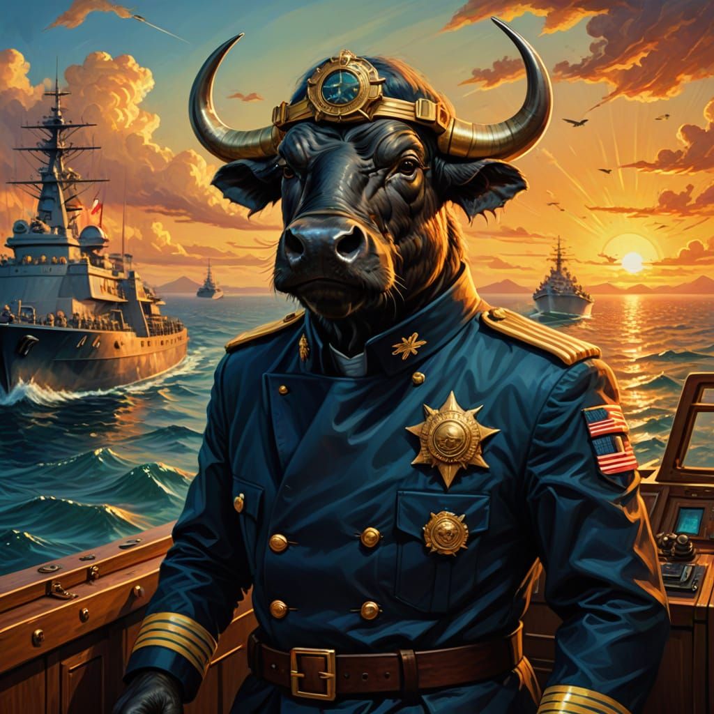 Anthropomorphic Water buffalo as a navy commander on a ship