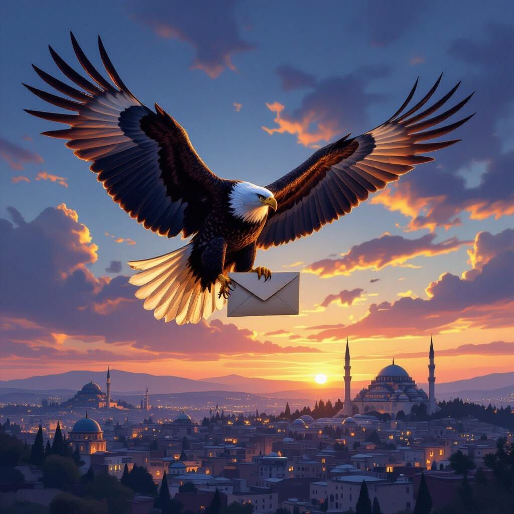 Mystical Eagle Delivers Envelope Above Ankara Cityscape