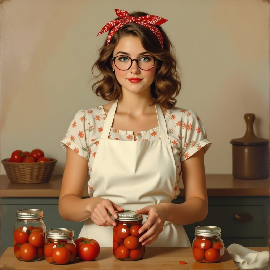 Nostalgic Portrait of a Young Woman Canning Tomatoes