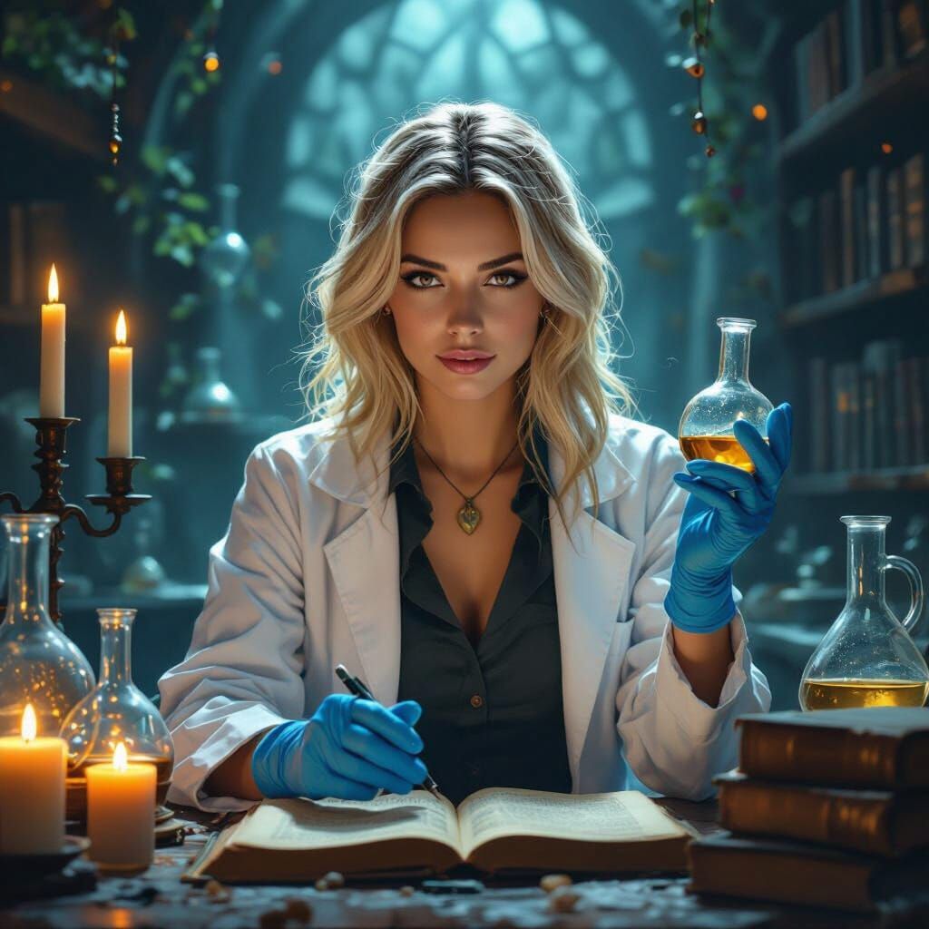 Alchemist in Mystical Lab, Fantasy Sci-Fi Art Style