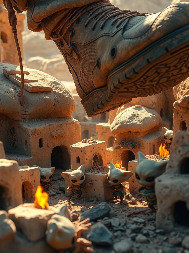 Alien Micro-City Under Threat from Giant Military Boot