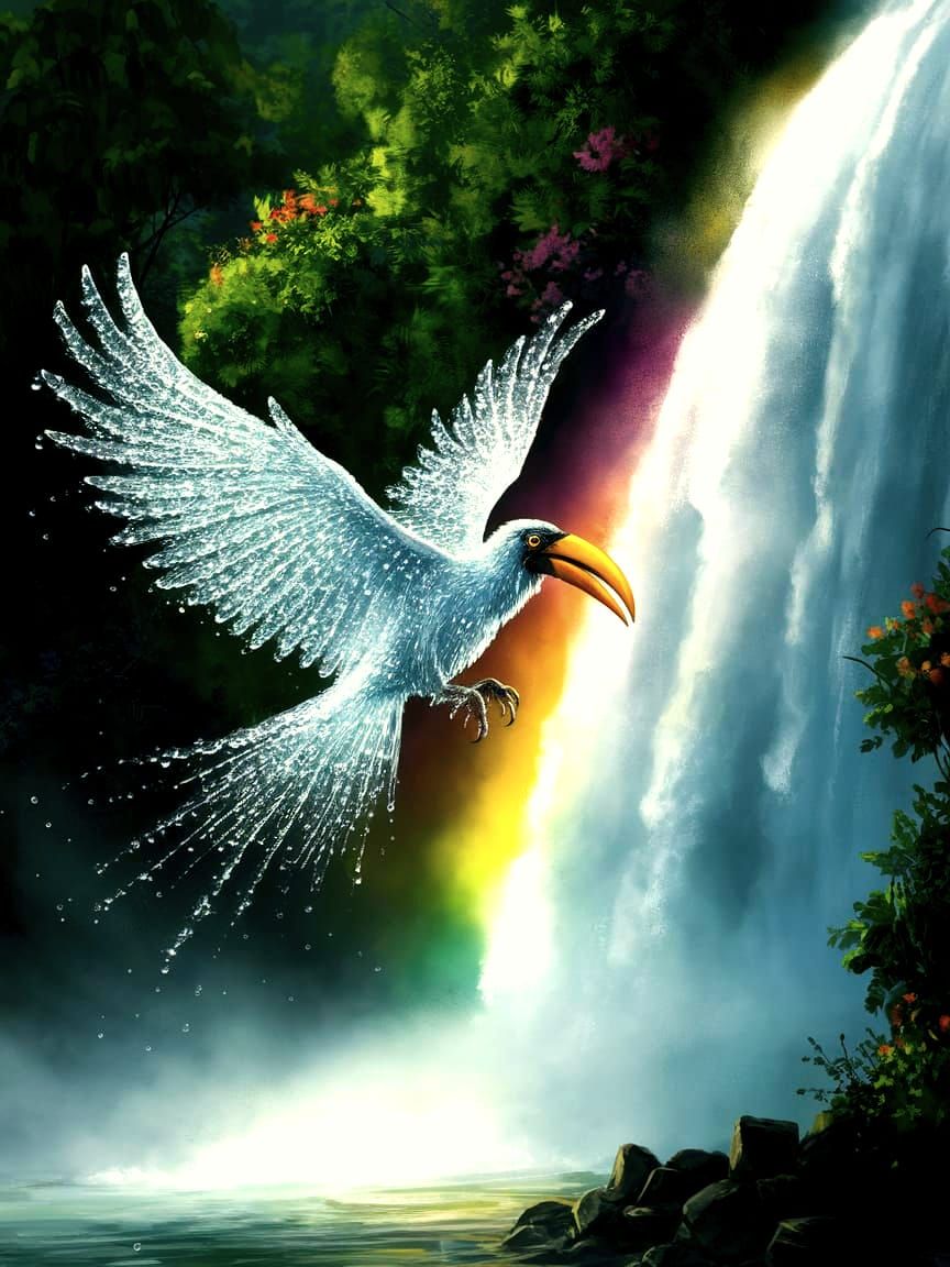 Rainbow Hornbill in Shimmering Waterfall Scene