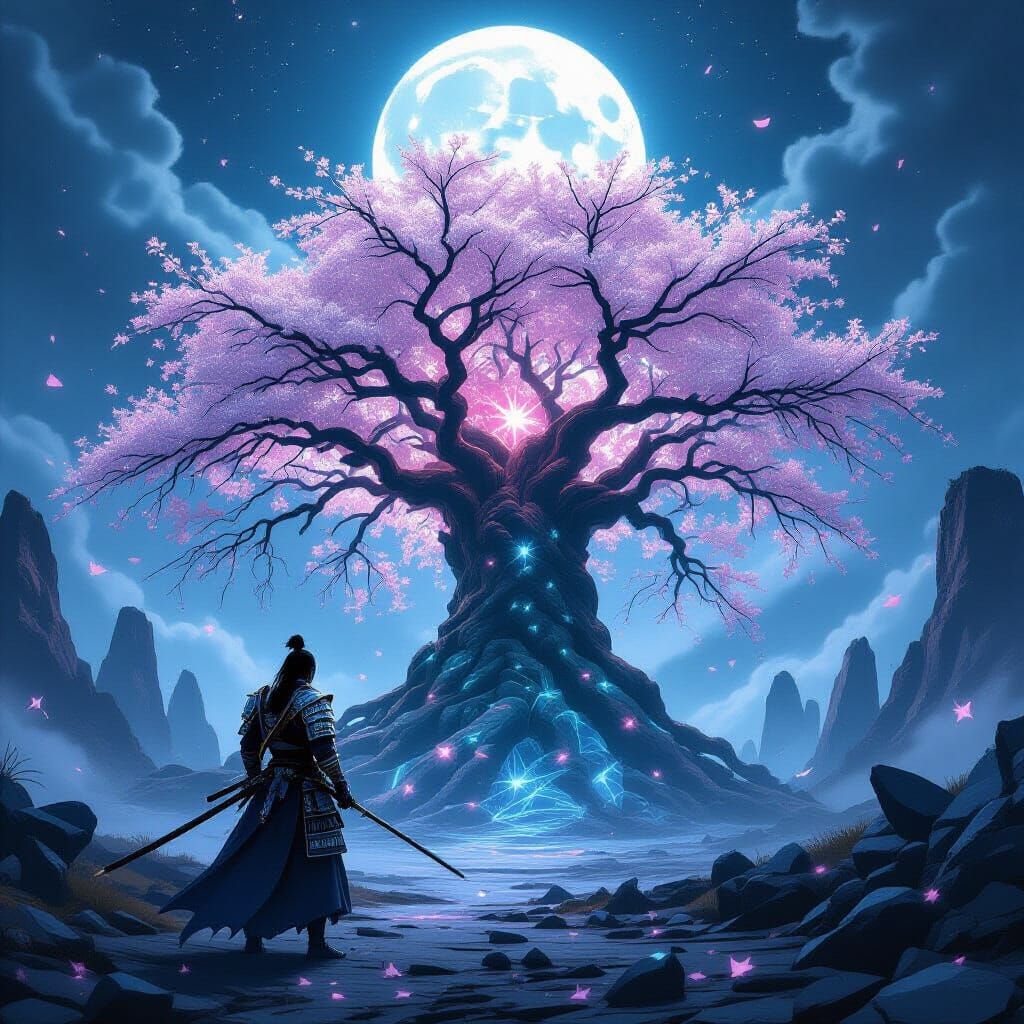 Samurai Warrior Guards Starlight Cherry Tree in Dark Fantasy...