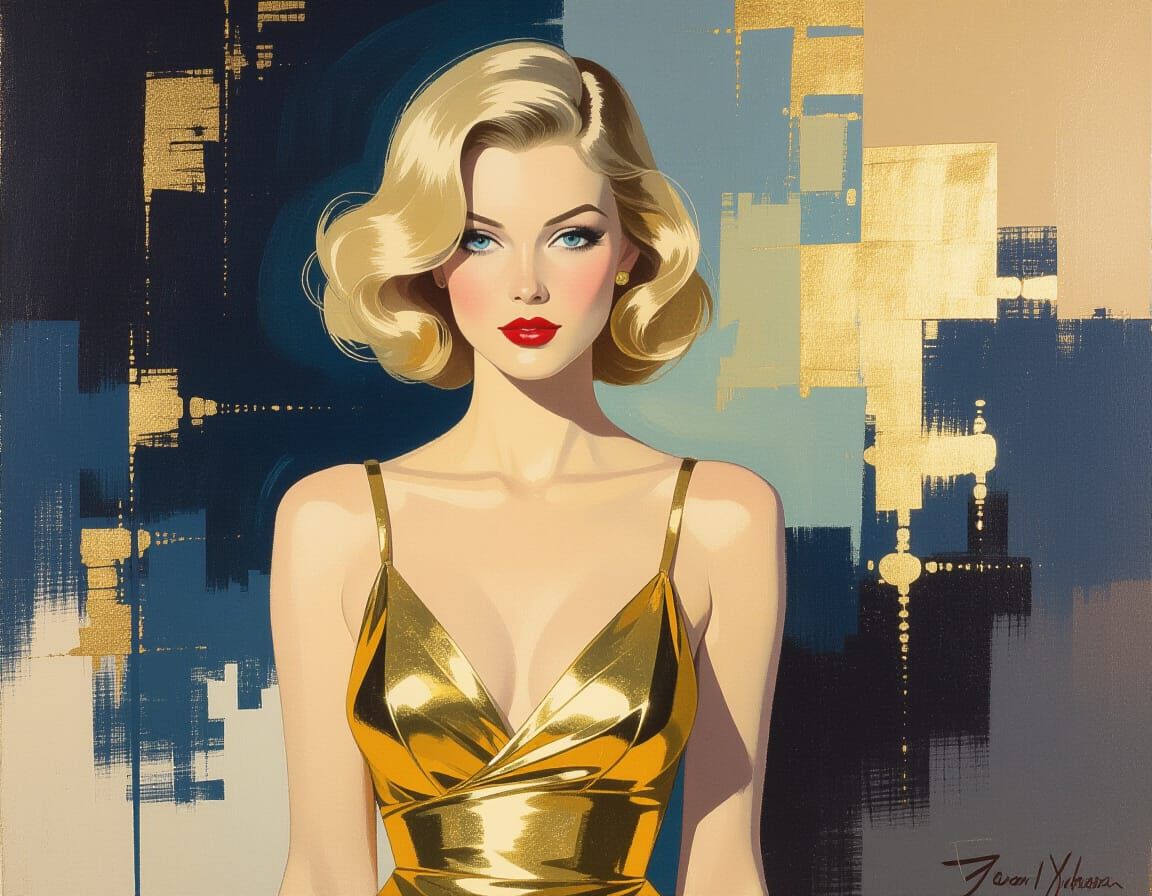 Golden Age Pin-Up in Style of Zao Wou-Ki