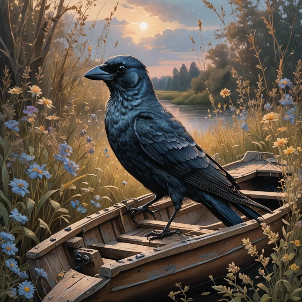 Jackdaw Perched on Boat in Wildlife Art