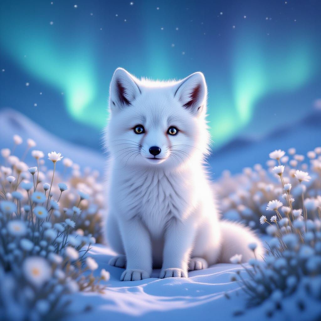 Arctic Fox Puppy Under Aurora Borealis