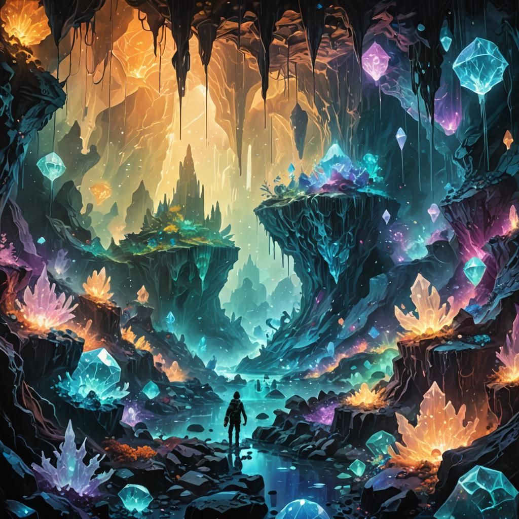 Crystal Cavern Adventurer with Bioluminescent Neon Art