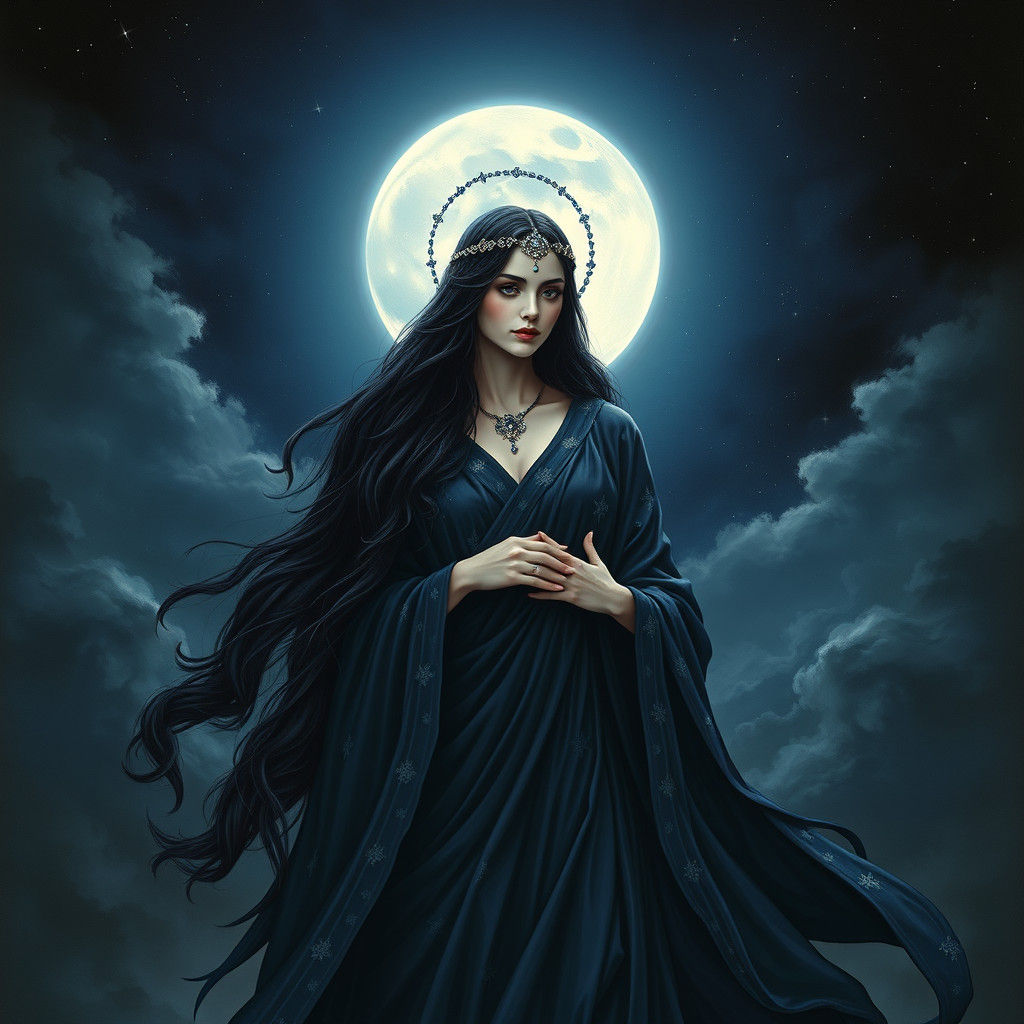 Goddess Nyx Under Full Moon in Mystical Realism