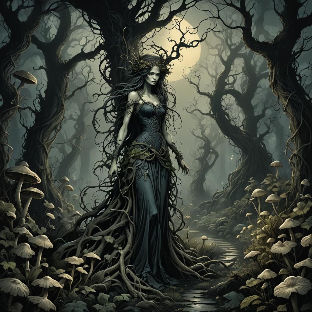 Menacing Fae in Overgrown Garden: Dark Whimsy Illustration
