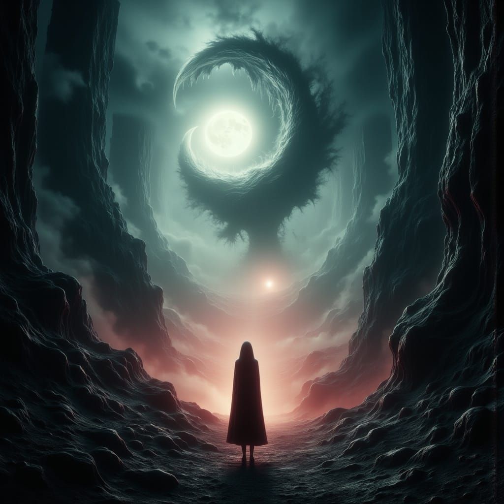 Eerie Figure in Desolate Twilight Zone Landscape