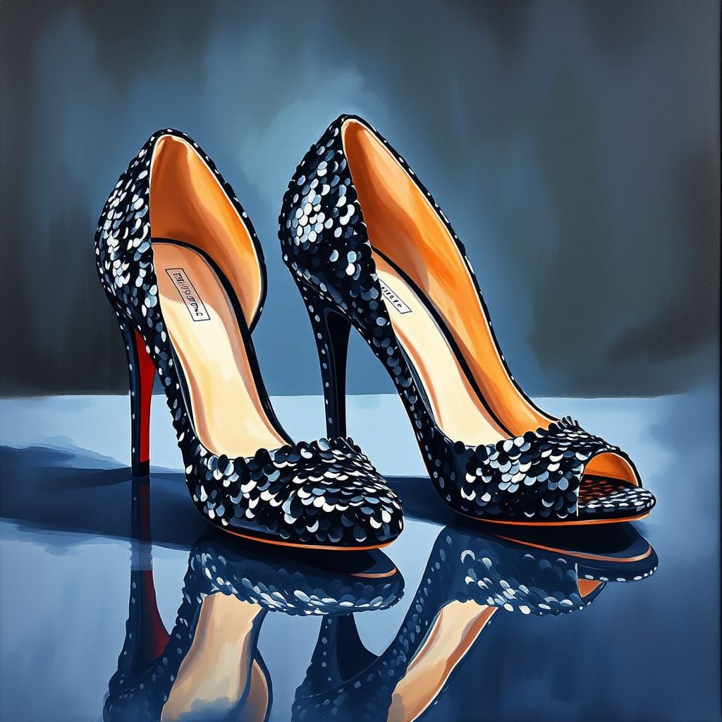 Luxurious Black Sequin Shoes in Gouache Oil Painting