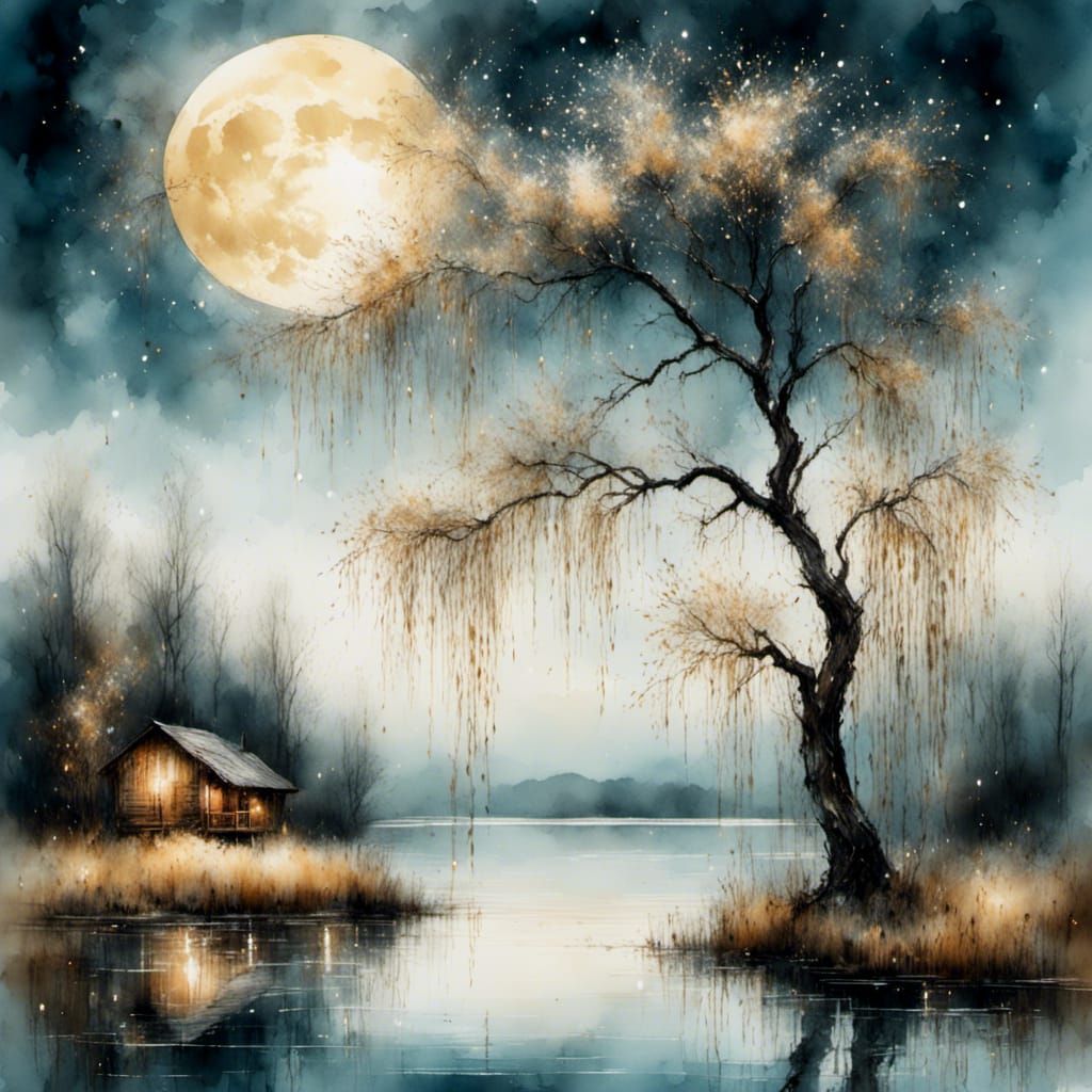 A willow tree under a full moon