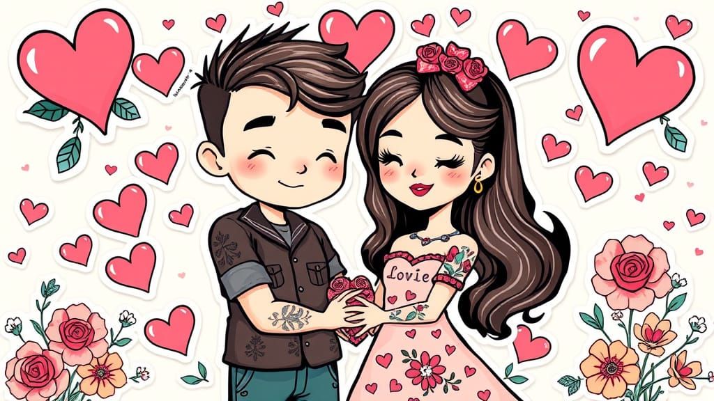Cartoon Couple Surrounded by Heart Tattoos in Pop Surrealism