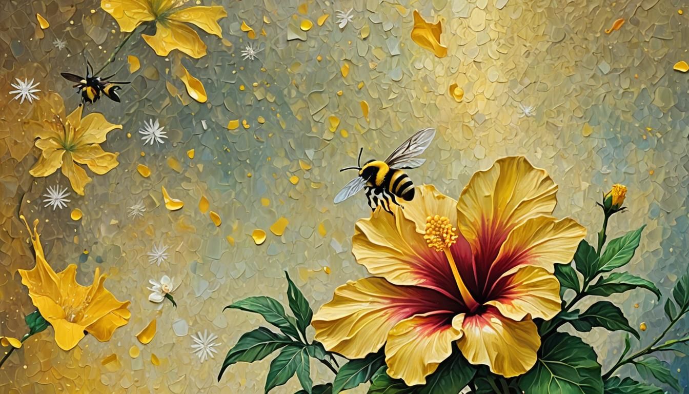 Giant Hibiscus Flower with Bumblebee in Impasto