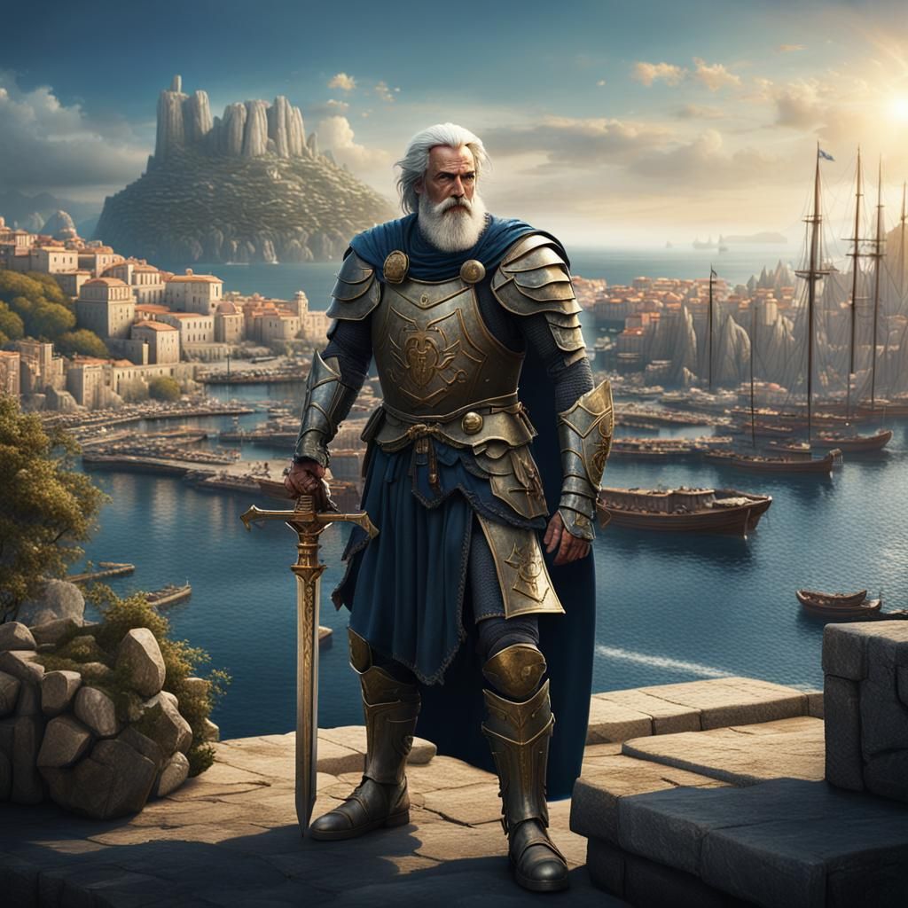 Armored Philosopher in a Fantasy Harbor