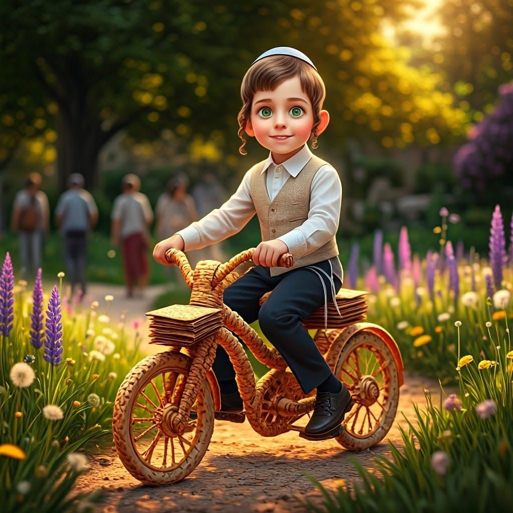 Orthodox Boy Rides Matzah Bicycle in Vibrant Green Landscape