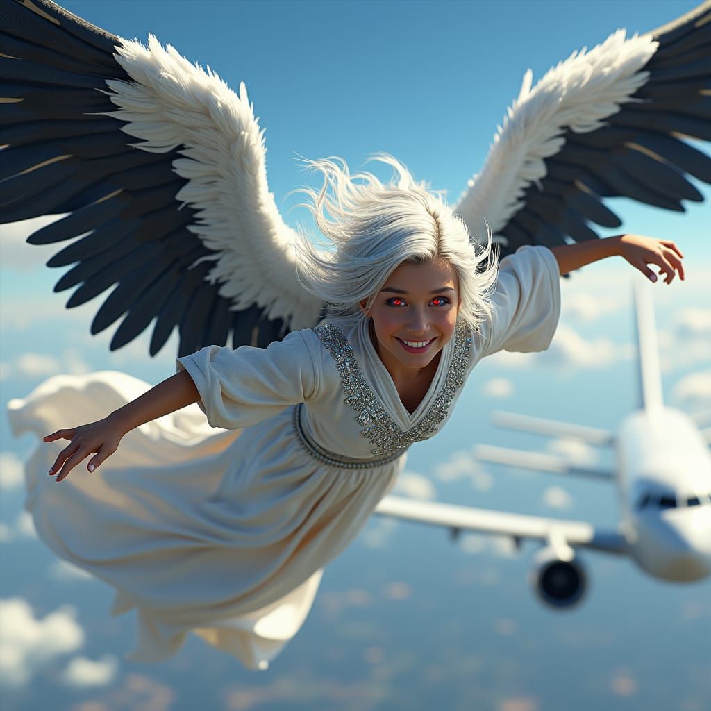 Angel with Red Eyes Flies near Airplane